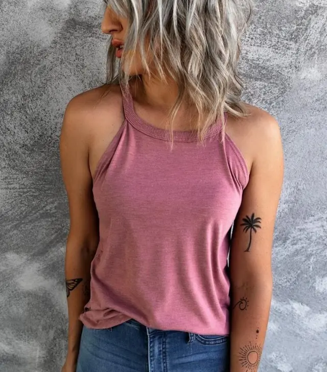 Slim Fit Bottoming Round Neck Pure Color Halter Sleeveless Women's Top Pink - Shop at LoveMi