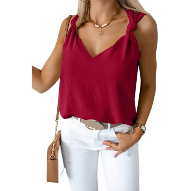 Summer V neck Knotted Shoulder Strap Top Sleeveless Vest Red - Shop at LoveMi