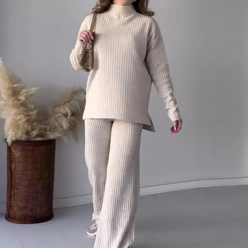 Crew Neck Casual Knitwear Wide Leg Pants Two-piece Set