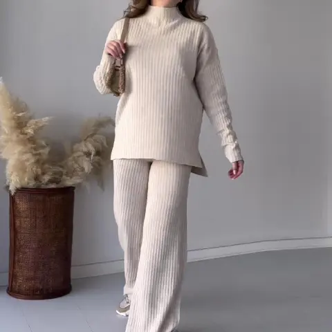 Crew Neck Casual Knitwear Wide Leg Pants Two-piece Set