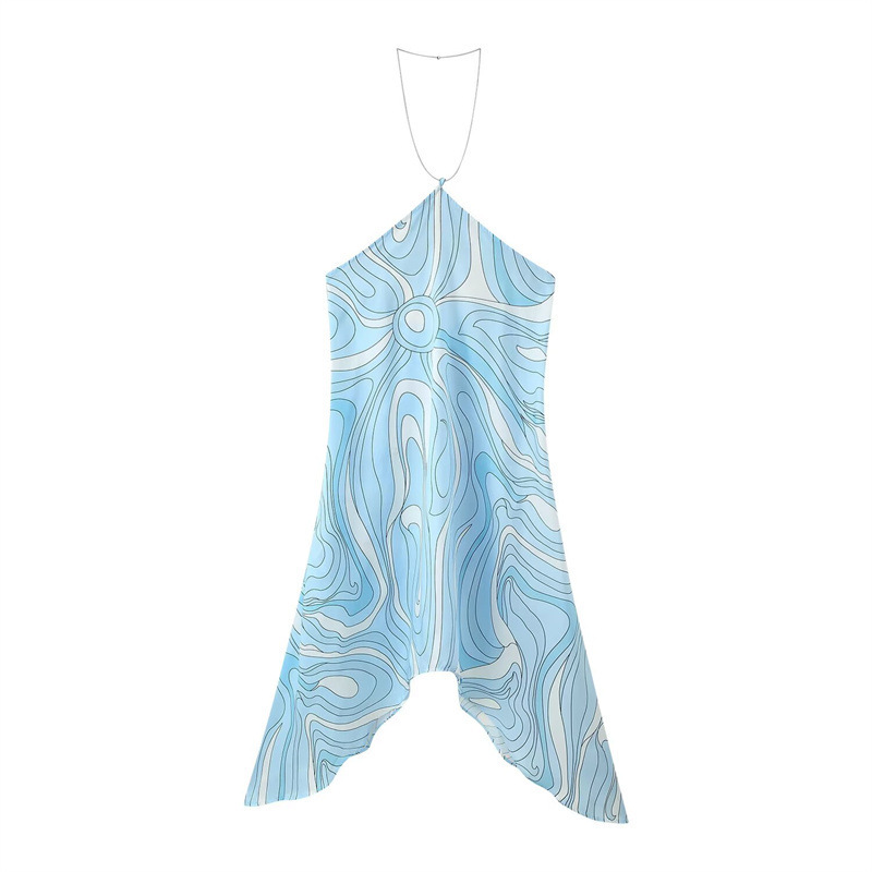 Two tone Printed Off shoulder Chain On Neck Dress Light Blue - Shop at LoveMi