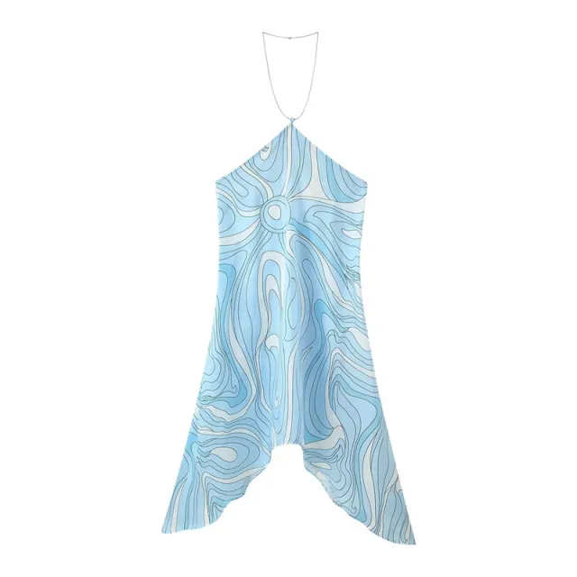 Two tone Printed Off shoulder Chain On Neck Dress Light Blue - Shop at LoveMi