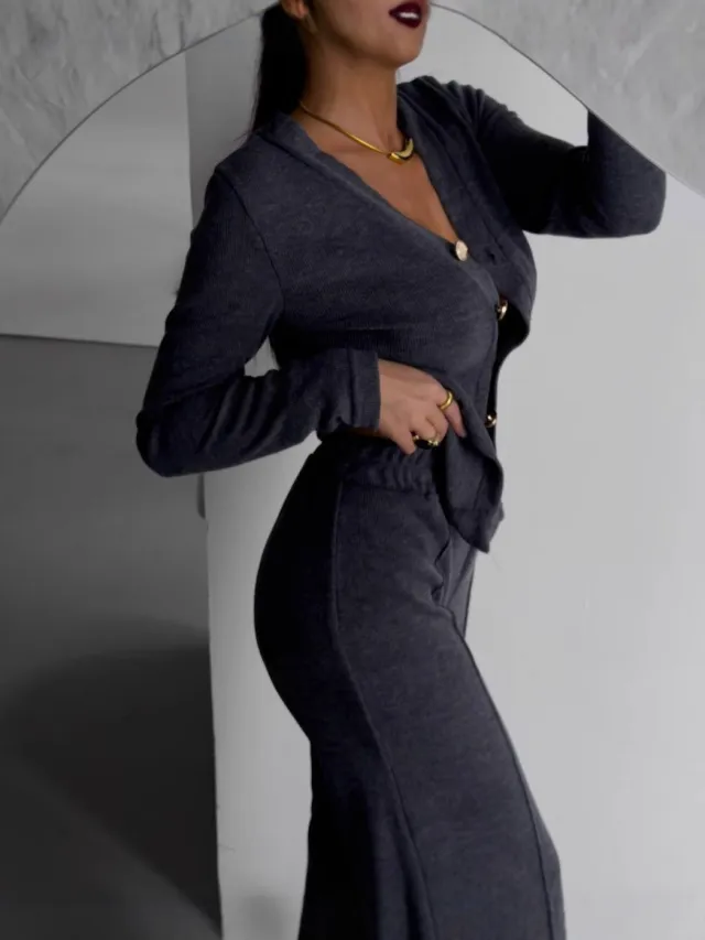 Women's Casual Button Up Top And Pants Set Dark Gray - Shop at LoveMi