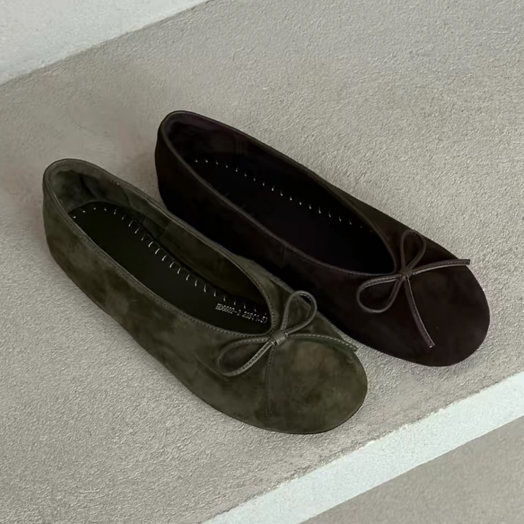 Retro Suede Round-toe Low-cut Ballet Flats With A Bow