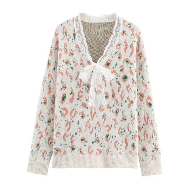Women's Loose Ruffled Leopard Print Pullover Sweater White - Shop at LoveMi
