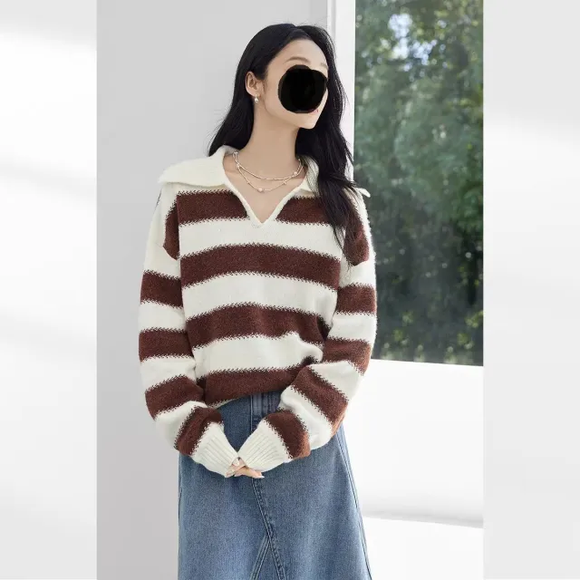 New Contrast Color Women's Loose Casual College Style Outerwear Sweater Coffee Color - Shop at LoveMi