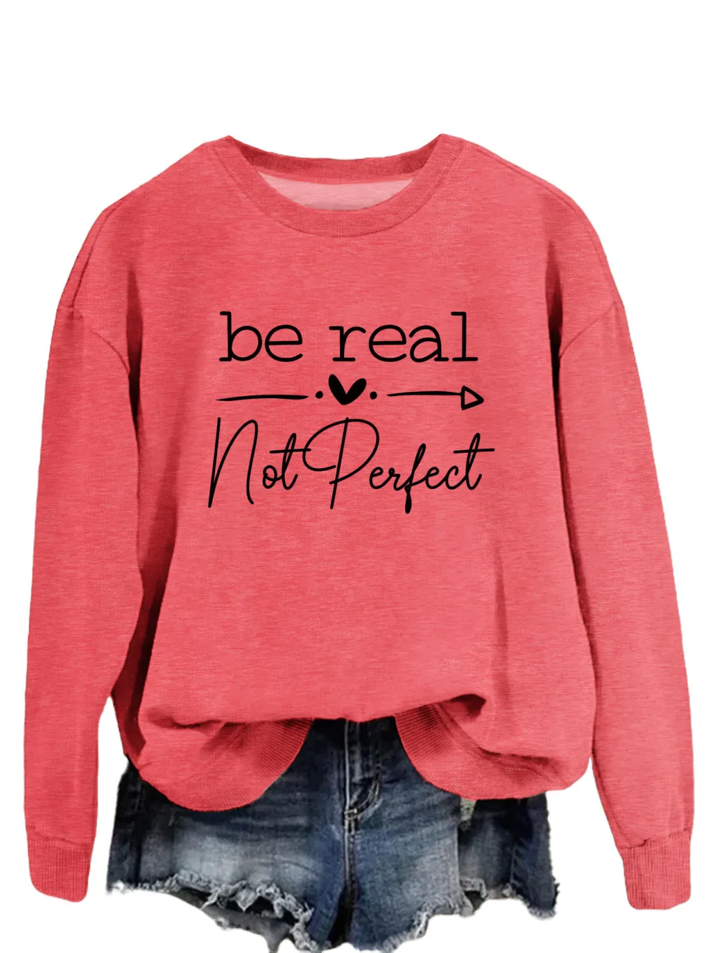 Simple Letter Be Real Not Perfect Printed Pullover Loose-fitting Long Sleeves Sweatshirt - Red Sweater Black Font