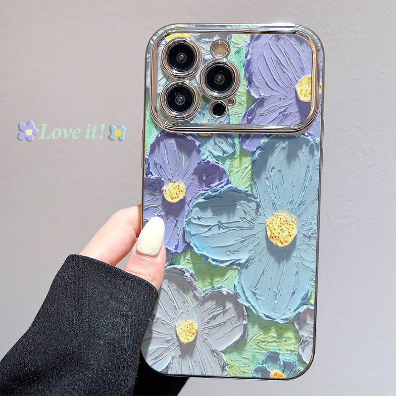 Large-screen-compatible Electroplated Flower Phone Case Protector With Oil Painting Design Drop-resistant