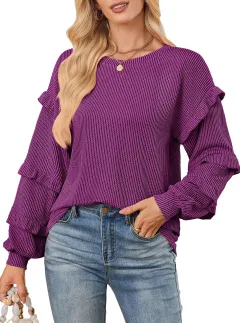 Casual Loose-fit Crew Neck T-shirt With Lantern Sleeves And Ruffled Hem - Purple - View 1