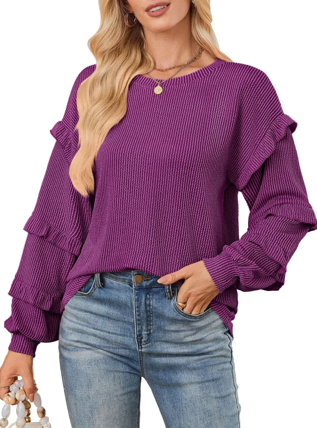 Casual Loose fit Crew Neck T shirt With Lantern Sleeves And Ruffled Hem Purple - Shop at LoveMi