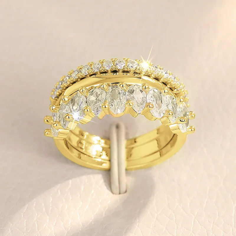 Geometric Design Zircon Ring Three-piece Set - T0349 Golden