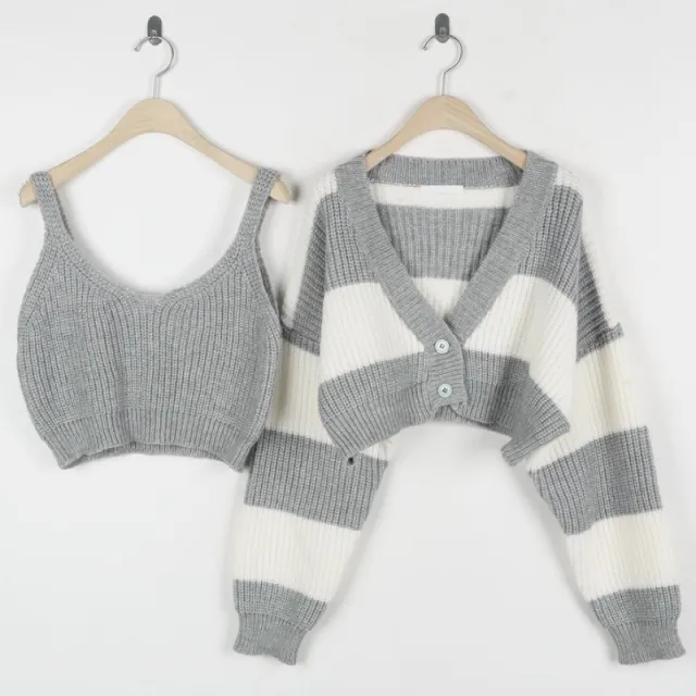 Women's Clothing Two piece Set Sweater Striped Short Style Fashionable Knitted Suit Gray - Shop at LoveMi
