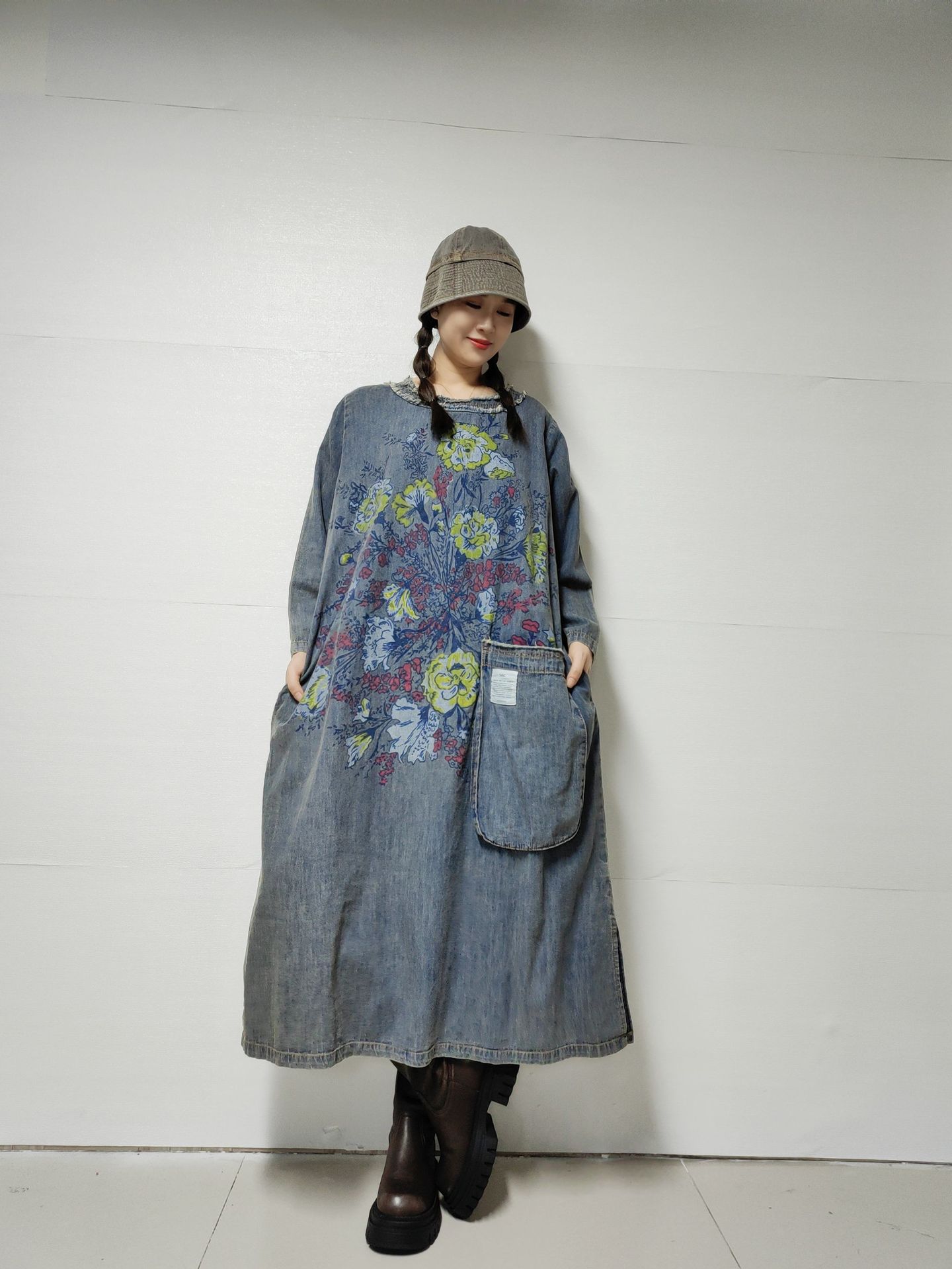 Retro Printed Denim Dress Women's Spring New Loose