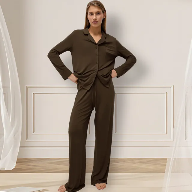 Long Sleeve Long Pants Pajama Set Comfortable Home Wear For Women Brown - Shop at LoveMi