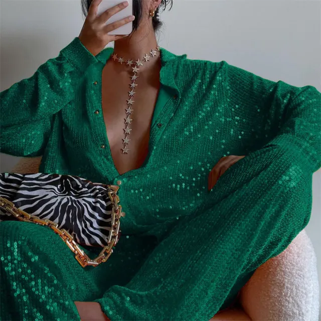 Sequined Long sleeved Shirt Women's V neck Vest Straight leg Pants Three piece Set Dark Green Suit - Shop at LoveMi