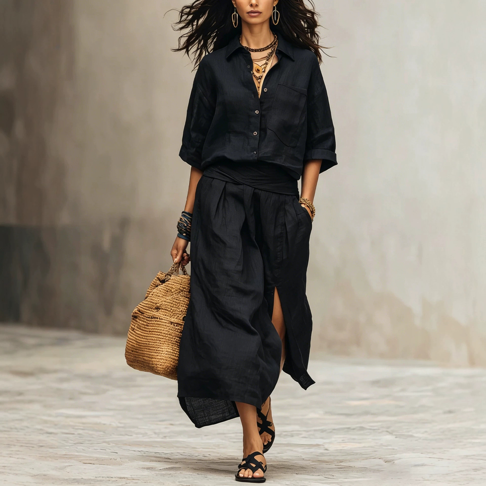 Three-quarter-sleeve Shirt And High-waisted Slit Skirt Two-piece Set