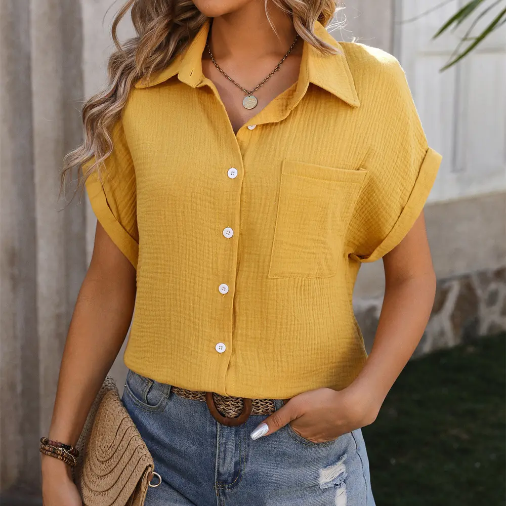 Summer Loose Short Sleeve Pocket Casual Champray Shirt Womens