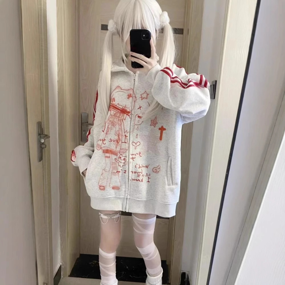 Striped Anime-Print Zip-Up Hoodie With Long Sleeves And A Hood