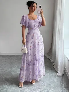 Lotus Sleeve Printed Slim Elegant Dress - Light Purple - View 1