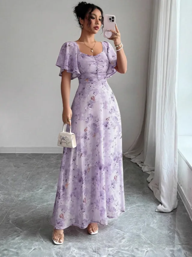 Lotus Sleeve Printed Slim Elegant Dress Light Purple - Shop at LoveMi