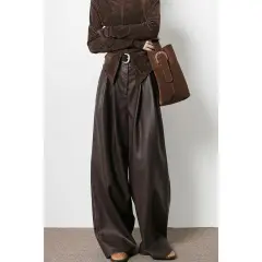 Vintage Brown Pleated PU Leather Pants Women's Clothing - Brown - View 1
