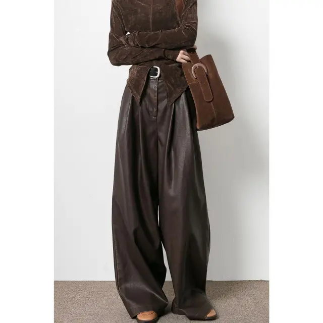 Vintage Brown Pleated PU Leather Pants Women's Clothing Brown - Shop at LoveMi