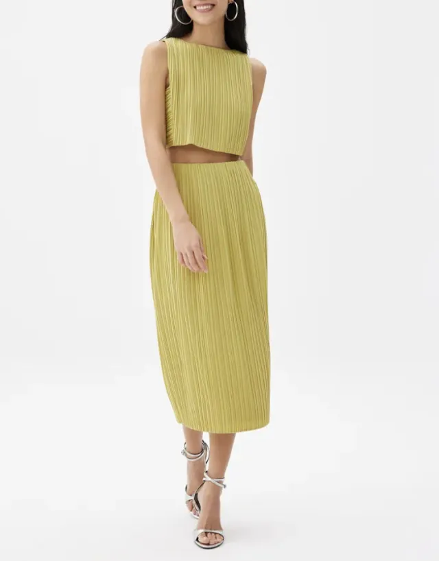 Sleeveless Top Skirt Slim Fit Two piece Suit Mustard Green - Shop at LoveMi