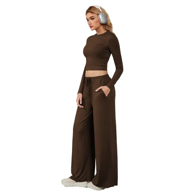 Womens Long sleeve Cropped Midriff baring Top And Wide leg Casual Pants Set Brown - Shop at LoveMi