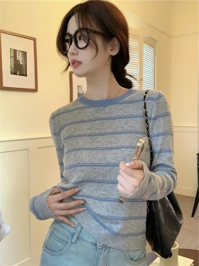 Korean style Color block Striped Loose Casual Knit Sweater Gray And Blue Stripes - Shop at LoveMi