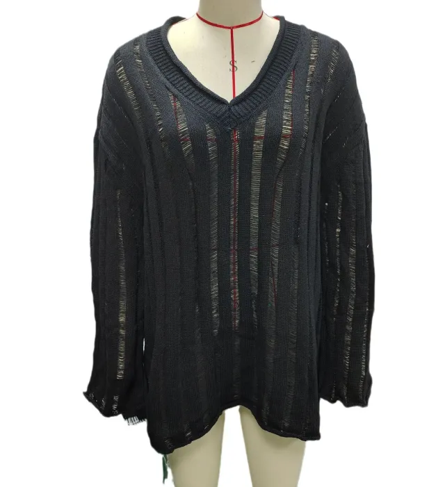 V neck Long Sleeve Vertical Stripes Hollow Loose Fashion Sweater Black - Shop at LoveMi