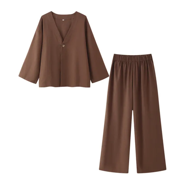 Cotton And Linen Casual Loose V neck Solid Color Two piece Set Brown Suit - Shop at LoveMi