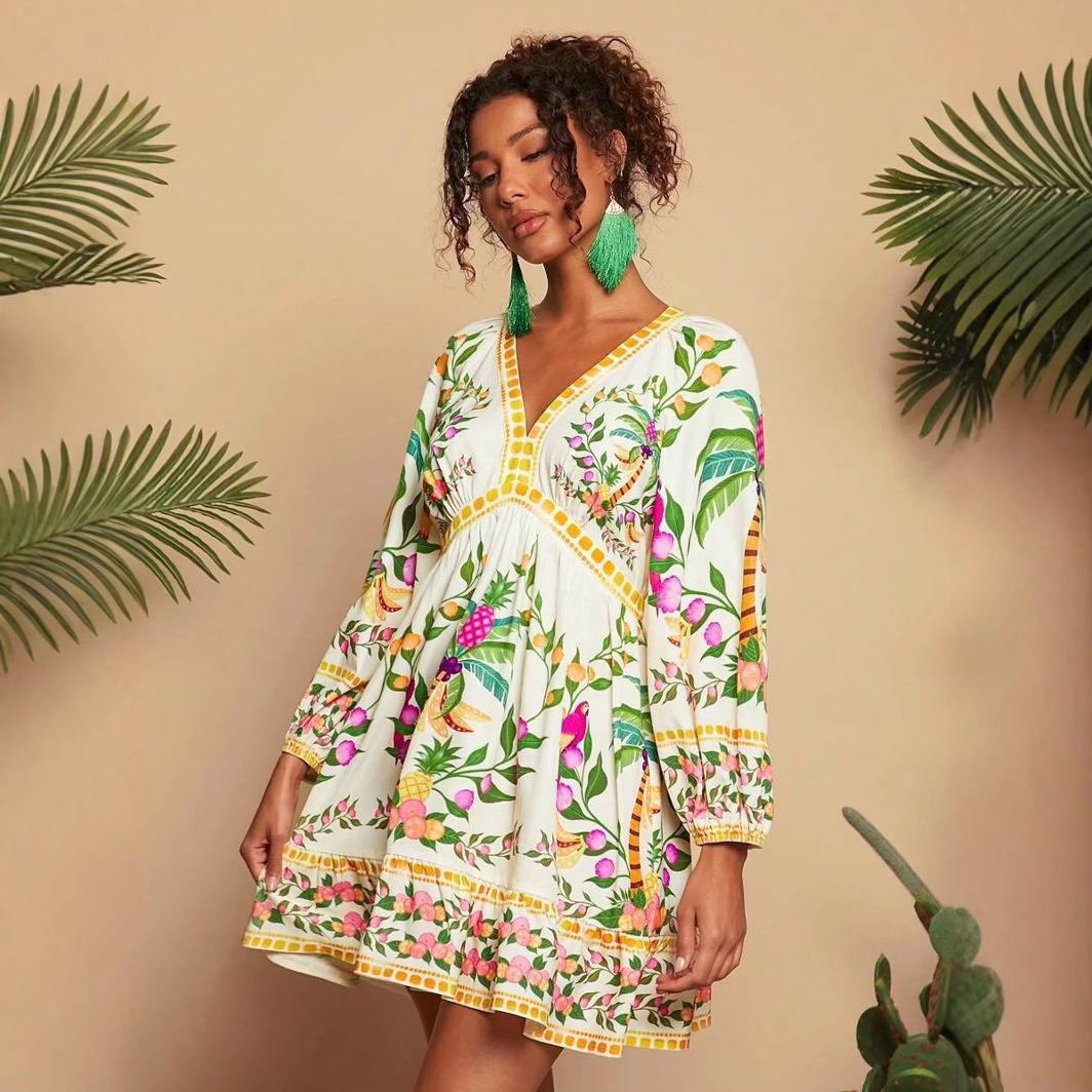 V-neck Printed 34 Sleeves Mini Dress