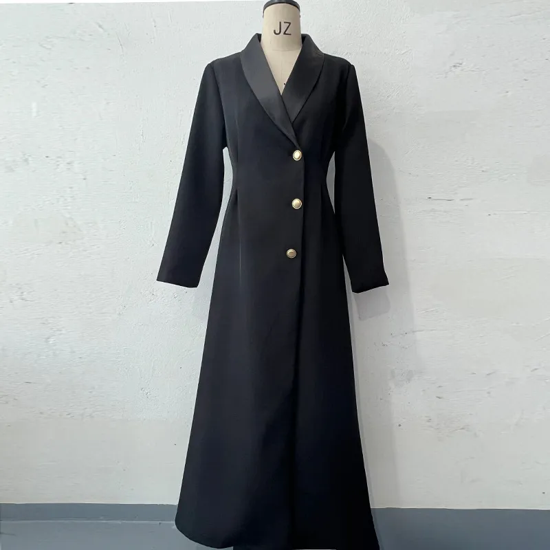 Women's Casual Long Single-breasted Trench Coat - Black