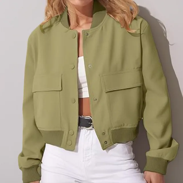 Stand Collar Large Pocket Women's Jacket Coat Olive - Shop at LoveMi