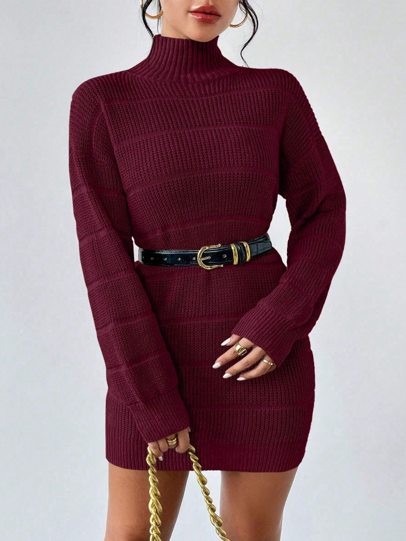 European And American Autumn And Winter Half high Collar Knitwear Dress Red - Shop at LoveMi