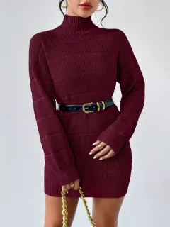 European And American Autumn And Winter Half-high Collar Knitwear Dress - Wine Red - View 1