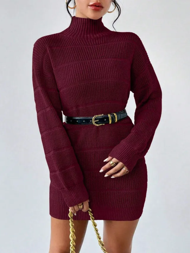 European And American Autumn And Winter Half high Collar Knitwear Dress Wine - Shop at LoveMi