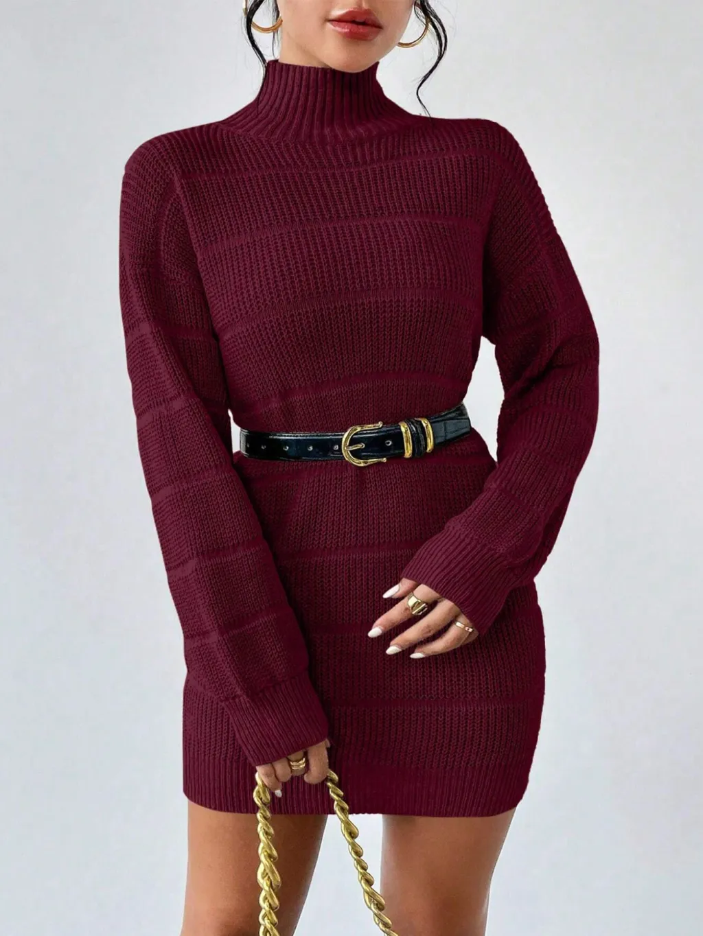 European And American Autumn And Winter Half-high Collar Knitwear Dress - Wine