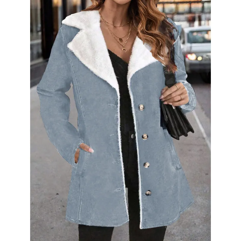 Women's Solid Color Plush Lapel Mid-length Coat - Blue