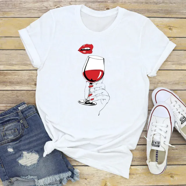 Women's Summer Plus Size Women's Clothes Printed Wine Glass Red Lips T shirt White - Shop at LoveMi