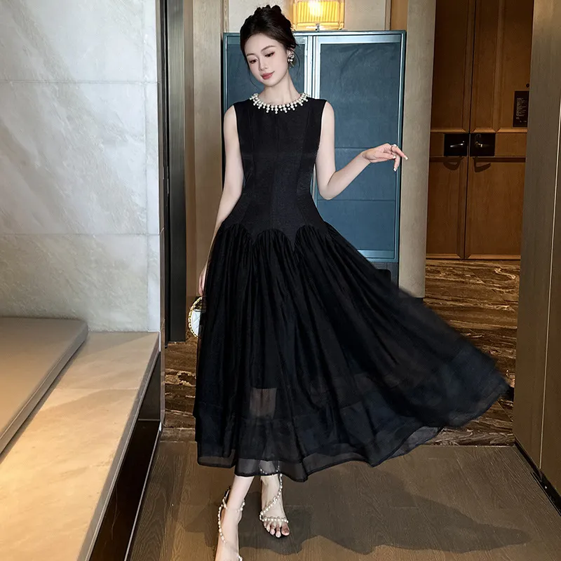 Women's Black High Waist Slim Long Sleeveless Dress