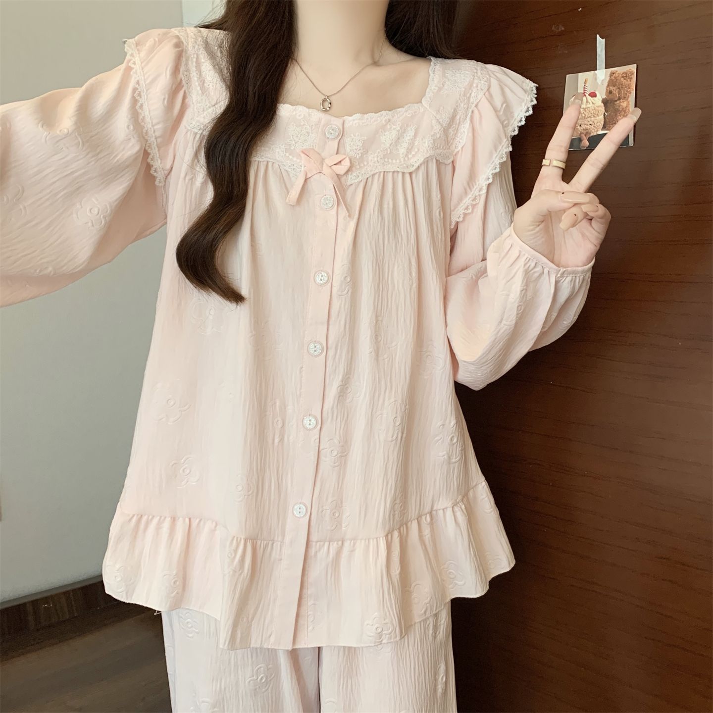 Pajamas Long Sleeve Lace Loungewear Set Suitable For Wearing Outside