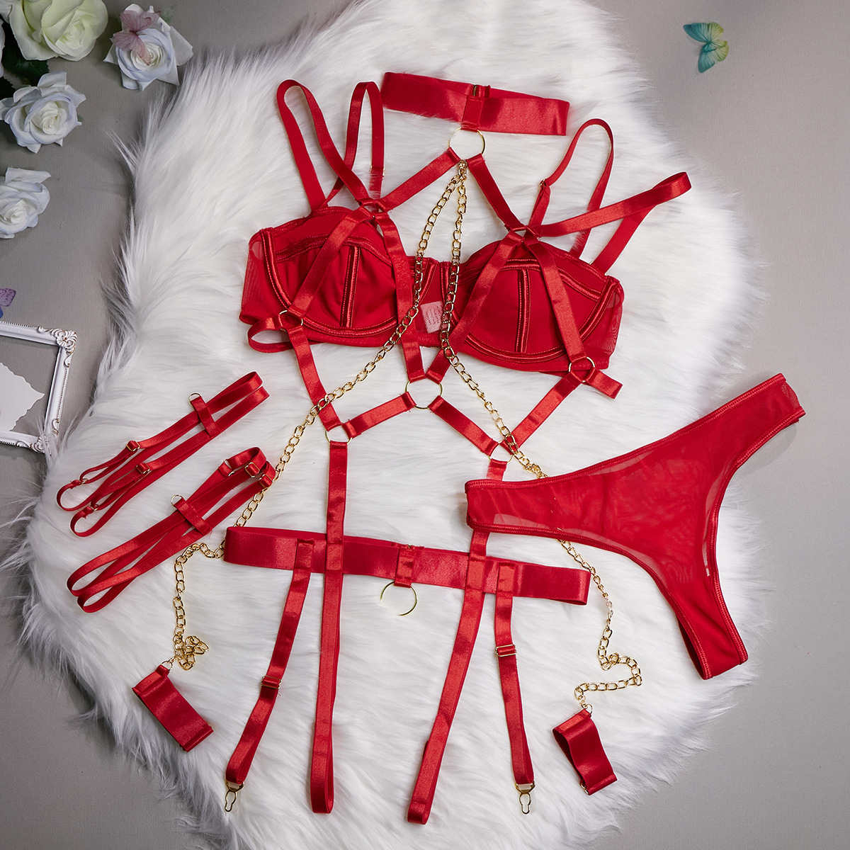 Women's Underwear Role playing Chain Four piece Set Red - Shop at LoveMi