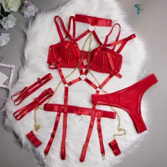 Women's Underwear Role-playing Chain Four-piece Set - Red - View 1