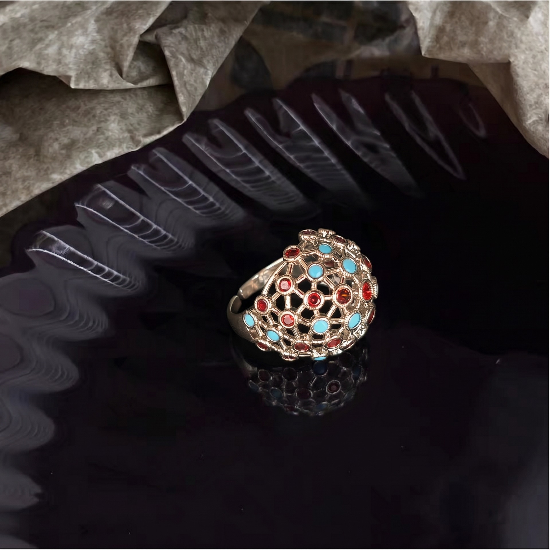 Mid-century Ring With A Hollowed-out Sphere Featuring Red And Blue Dots