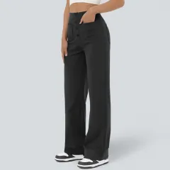 Fleece-lined Women's Pocket Brushed Outer Wear Stretch Commuter Straight Casual Pants - E2526 Black Brushed Plush - View 1