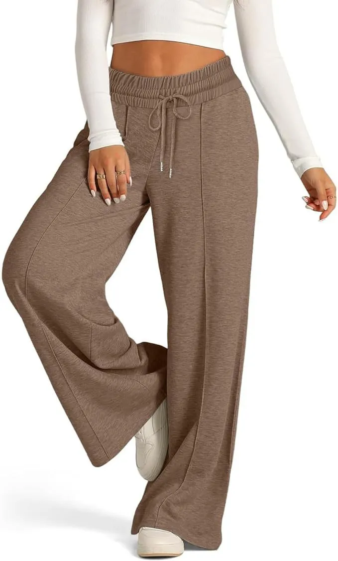 Women's Solid Colour Casual Wide Leg Drawstring Elastic Waist Sweatpants - Dark Brown