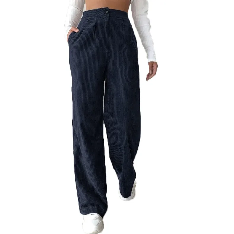 Women's High Waist Casual Pants Solid Color Corduroy Baggy Straight Trousers - Dark Blue
