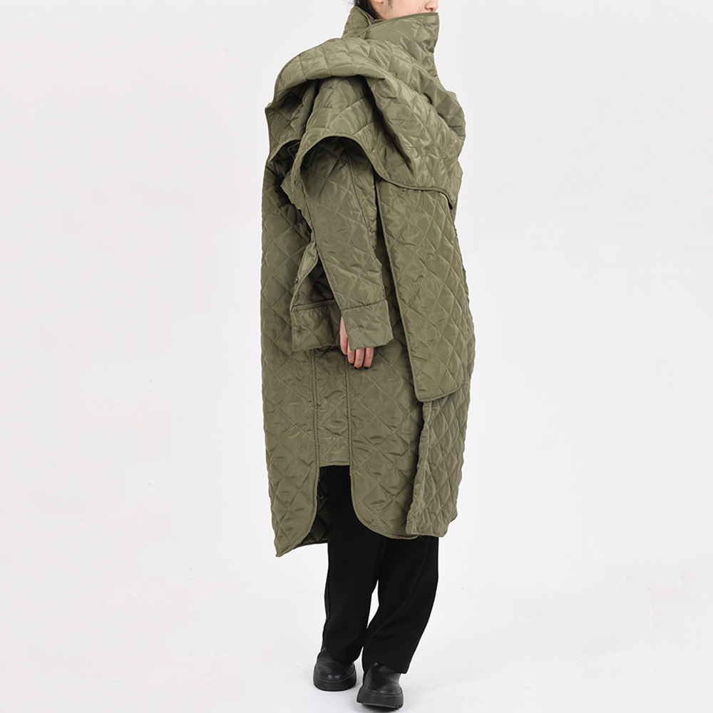 Trendy Scarf Collar Design Rhombic Quilted Loose Long Cotton Jacket Coat