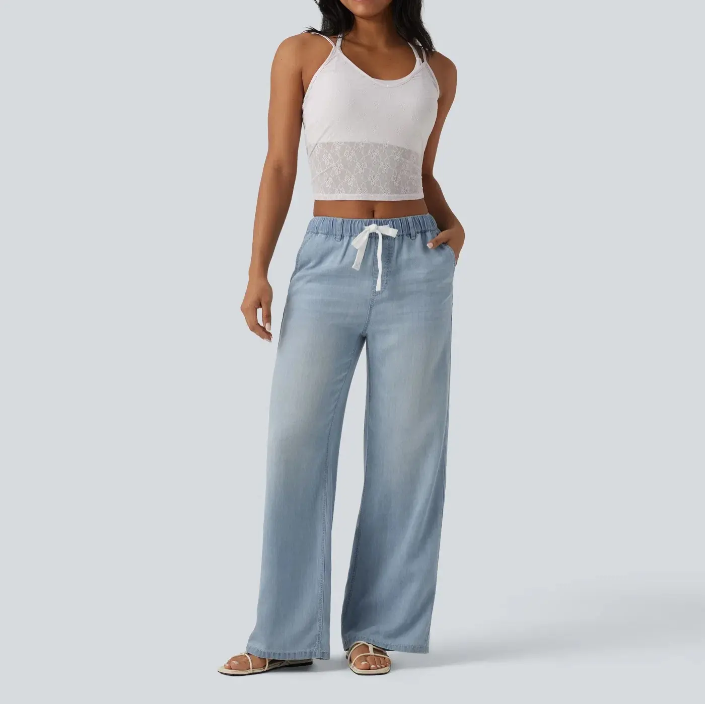 Womens Wide-leg Denim Casual Pants